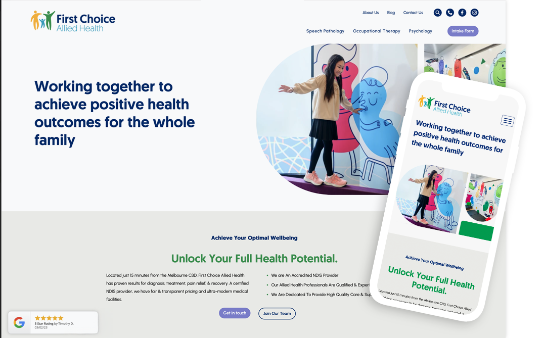 First Choice Allied Health Website by Potent showing the home page on desktop and mobile